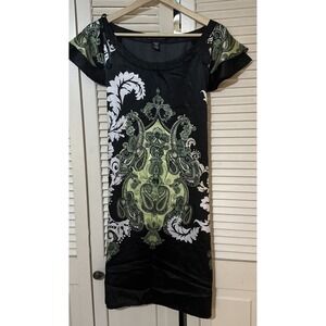 Silky Dress Paisley Flutter Sleeve Sz M Apostrophe Green Black White Tie Belt